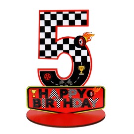 Racing Car Birthday Number Sign Centerpiece, 5th Wooden Table Decoration for Race Theme 5th Birthday Decoration