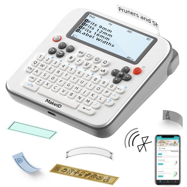 Makeid E1 Label Maker - Bluetooth Compatible Thermal Printer - QWERTY Keyboard Portable Label Maker, 3.4" Large LCD Screen - Prints 9/12/16mm Waterproof Label Tapes - Includes 13.3' Tape, USB Cable