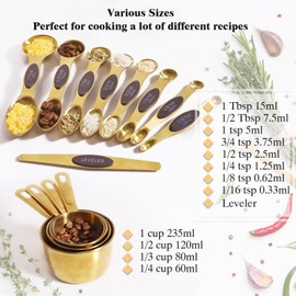 Sinnlicht 13pcs Gold Measruing Cups and Spoons Set, 4 Stainless Steel Measuring Cups & 8 Magnetic Measuring Spoons Set & 1 Leveler for Kitchen Cooking & Baking