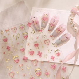 Pink Heart Nail Art Stickers 5D Embossed Gold Nail Decals Moon Star Nail Stickers for Nail Art Gold Bow Nail Design Pink Nail Art Supplies for Women Gilrs DIY Manicure