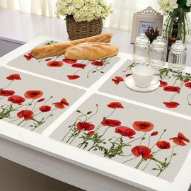 Y YIHANGBEST Red Poppies Dining Table Placemats Floral Green Leaves Seed Bloom Cloth Linen Wipeable Placemats Table Pads Indoor Table Protectors Non Slip,Set of 4 12 * 18 Inch