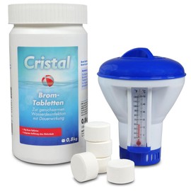 Cristal Bromtabletten 20g - Zuverlässige Wasserdesinfektion ohne Chlor - Langsam rückstandsfrei löslich - Geruchsarme Alternative zu Chlor (1 Stück + Dosierschwimmer)