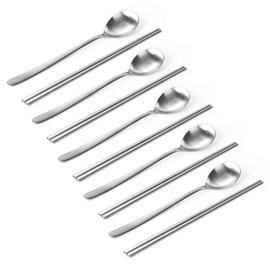 Stainless Steel Cutlery Set of 5: Spoons and Chopsticks, Matte Finish Cutlery, Commercial Use, Couple Korean Cutlery / 스텐 수저 5세트 숟가락 젓가락 무광수저 업소용 부부 한식커트러리