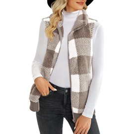 ReachMe Womens Fuzzy Fleece Vest Sleeveless Sherpa Jacket with Pockets Warm Fluffy Zip Up Outerwear Coats(A-Khaki Plaid,M)