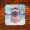 Winter Cat with Santa Hat Metal Sign Wall Art Snowflake