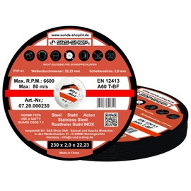 20 INOX Cutting Discs | Choice of Sizes | Diameter 115 - 230 mm | Extra Thin | Extra Stable | Strong Cutting Performance | for Cutting and Angle Grinders (Diameter 230 mm)