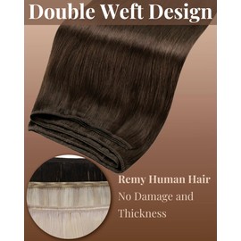 Hetto Sew in Hair Extensions Real Human Hair Brown Weft Human Hair Extensions Brown Invisible Sew in Human Hair Extension Double Weft 20 Inch 100G