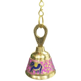 Purpledip Colorful Brass Hanging Bell with Om-Elephant For Home Temple, Door, Hallway, Porch Or Balcony; Unique decor Gift (12130)