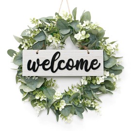 Dremisland Wreath for Front Door 16 Inch Eucalyptus Leaves Wreath Green Leaves Wreath with Welcome Sign Door Wreath Spring Summer Wreath for Farmhouse Home Porch Indoor Outdoor Decor (White)