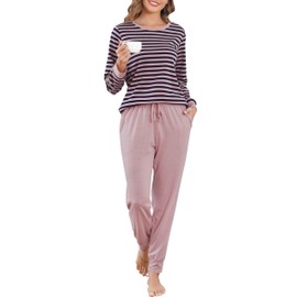 Wikoan Women Pyjamas Set Cotton Soft Pj's Sets Long Sleeve Striped Top and Solid Pants Sleepwear with Pockets Drawstring,Rose Pink,M