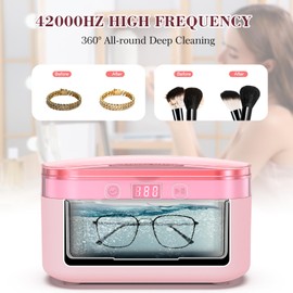 LifeBasis Ultrasonic Jewelry Cleaner, 17 OZ Ultrasonic Cleaner with 42kHz, Portable Jewelry Cleaner with 5 Cleaning Timer for Jewelry Eyeglasses Watches Gold Coin- Pink