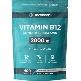 Vitamin B12 2000mcg Tablets with Folic Acid | 400 Count | Methylcobalamin, Vegan Supplement | by Horbaach