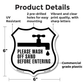 Please Wash Off Sand Before Entering 6 inch X 6 inch Shield Shaped Commercial Grade Plastic Sign Weather Resistant Made in the USA