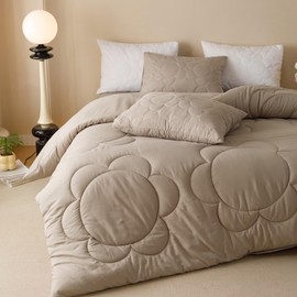 Cottonight Beige Coffee Comforter Set Queen Light Khaki Sunflower Bedding Comforter Set Women Men Beige Mocha Blanket Quilts Big Flower Printed 3 Piece Soft Breathable Bedding Set Queen Size