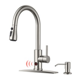 FORIOUS Touchless Kitchen Faucet with Soap Dispenser, Brushed Nickel, Hands-Free, Smart Motion Sensor Contemporary Bar Sink Faucet with Pull Down Sprayer for Farmhouse RV Camper