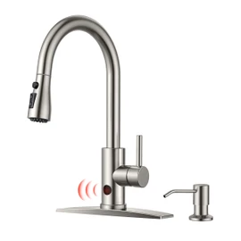 FORIOUS Touchless Kitchen Faucet with Soap Dispenser, Brushed Nickel, Hands-Free, Smart Motion Sensor Contemporary Bar Sink Faucet with Pull Down Sprayer for Farmhouse RV Camper