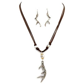 Western Peak Western Buck Antler Charm Pendant Necklace with Earrings (Silver)