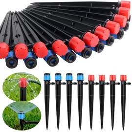 SiliFine 32 Pcs Drip Irrigation Emitters Garden Drip Emitters for 1/4 Inch Tubing Irrigation Drippers Sprayer 360 Degree Water Flow Drippers for Garden Flower Bed(Red and Blue,Single Hook)
