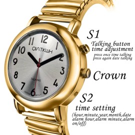 QIATKWH Deutsch sprechende Uhr,Zifferblatt mit Sonnenmuster,Goldschale, Gold verstellbare Länge Edelstahl einziehbares Uhrenarmband, Unisex-Stil für Männer und Frauen