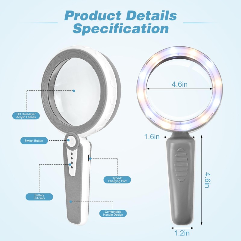 45X Magnifying Glass with Light, Rechargeable Handheld Magnifier for Read