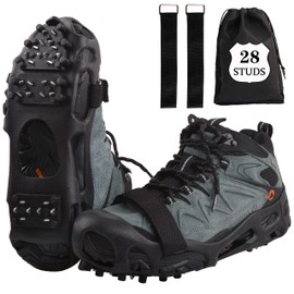 Ice Snow Grips for Walking Boots, 28 Spikes Crampons for Walking on Snow and Ice Traction Cleats Non-Slip Overshoe Rubber Anti Slip Crampons Slip-on Stretch Footwear