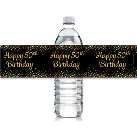 Black and Gold 50th Birthday Party Water Bottle Labels - 24 Stickers