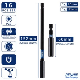 16 Piece Rennie Tool Magnetic 60mm and 152mm Professional Impact Bit Holders with 4 x 32mm Pozidriv PZ2 Screwdriver Impact Bits, 4 x 50mm, 2 x 75mm/100mm/150mm Long Pozidriv PZ2 Screwdriver Impact Bit