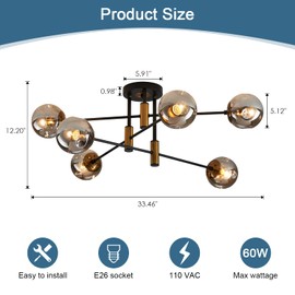 DDLLDESHI 6-Light Glass Globe Sputnik Chandelier Modern Matte Black and Gold Ceiling Light Fixture Vintage Hanging Chandeliers for Farmhouse Living Room, Kitchen Dining Room Bedroom