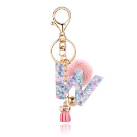 OKAICEN Pink-Purple Resin Alphabet Initial Letter Keychain Key Ring for Women Grils Purse Handbags with Ball Pom('W')