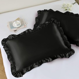 NSGZ Ruffled Satin Pillowcase Set of 2, Queen Size Silky Pillow Shams for Hair and Skin Care, Black Satin Pillow Covers with Envelope Closure, Anti Wrinkle Pillow Cases for Luxe Room Decor