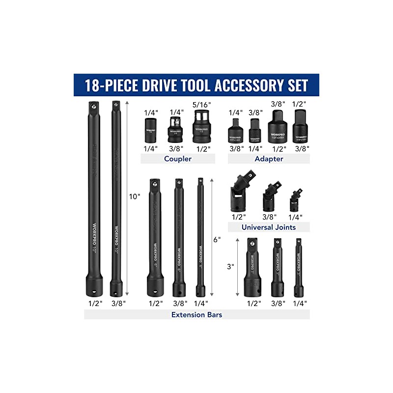 WORKPRO 18-Piece Impact Socket Extension Set, Includes Socket Adapters, Ratchet