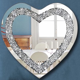 DMDFIRST Crystal Crush Diamond Heart Shaped Silver Mirror for Wall Decoration 20x20x1 inch Wall Hang Frameless Mirror Acrylic Diamond Décor.