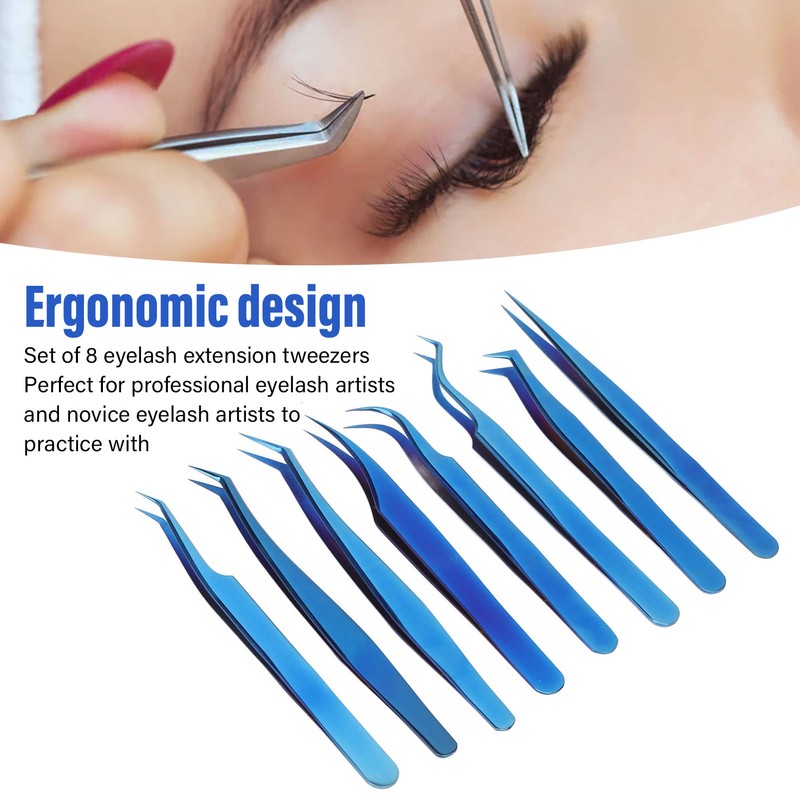 8pcs Eyelash Tweezers Stainless Steel Fine Tip Ergonomic Blue Titanium