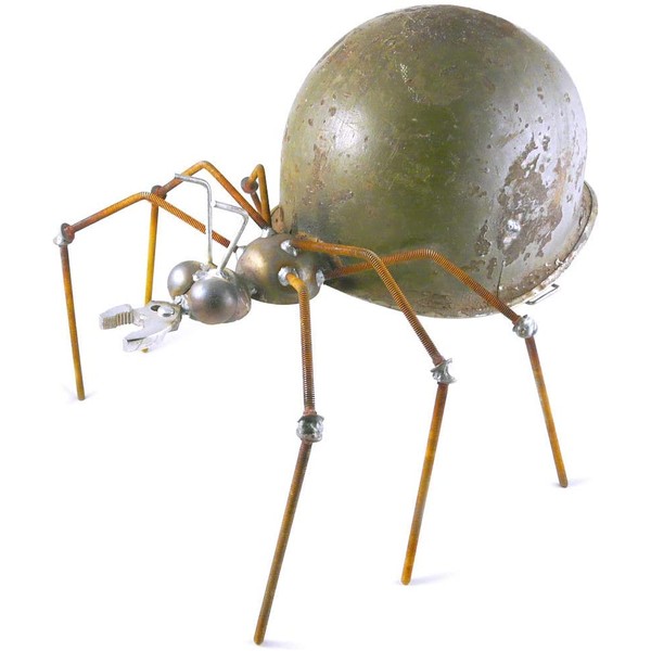 Army Ant - Recycled Metal Garden Sculpture with Vintage Army Helmet, Made in USA