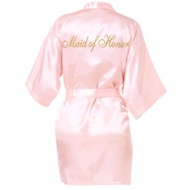 Shining She Maid of Honor Robes, Women Satin Kimono Robe Bridal Morning Robes V-Neck Pyjamas for Bridal Wedding Party, Pink