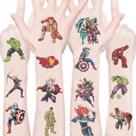 100Sheets 5 * 5 Avengers Temporary Tattoos Birthday Themed Party Supplies Decoration Favors Cartoon Avengers Sticker for Kids Boys Home Activity Class Prizes Carnival Christmas Rewards