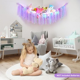 MHJY Toy Hammock Stuffed Animals Storage Net Soft Cuddly Toys Large Corner Hanging Net With LED Light Hand Woven Plush Macrame Organizer with Tassel for Kids Bedroom Nursery