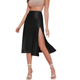 Verdusa Women's Satin Split Thigh High Waist Swing Midi Skirt Satin Black M