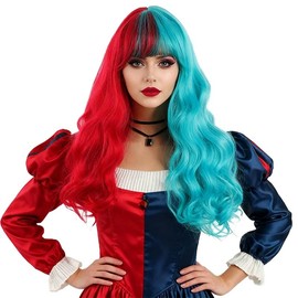 PURFUN Half Red Half Blue Wavy Wig with Bangs, Women Halloween Cosplay Clown Colorful Wig Costume Accessory Crazy Hair Day Raves Party Night Club Fake Bob Long Curly Hair