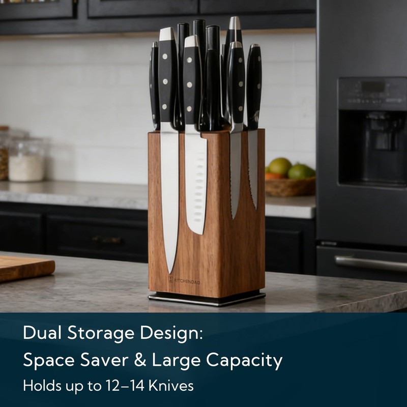 KITCHENDAO Magnetic Knife Block without Knives, 360° Rotatable Acacia Wood