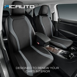 PIC AUTO Leather Car Seat Covers, Premium Automotive Waterproof Two Front Bucket Seat Protectors, Black and Gray PVC Patchwork, Fits Cars, Trucks, Vans, SUVs, Airbag Compatible