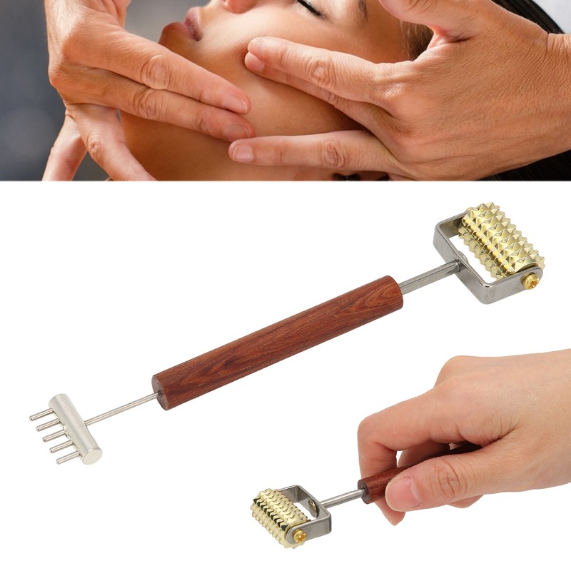 Face Massage Roller Copper Wooden Handle Promote Blood Circulation Double