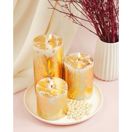 AuraDecor Unscented Pillar Candle Set of 3 (3inch*3inch, 3inch*4inch, 3inch*6inch) || Unscented Candle || Long Burning || Gift Set || Set of 3 Candle || Pillar Candle. (Gold Dust)