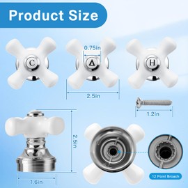 UCDETD 3 Pcs Porcelain Faucet Handle Replacement, Compatible with Pfister Tub/Shower Valves for 12 Tooth Valve Stem, Include Hot,Cold,Diverter Shower Knob, Chrome and White Porcelain (Cross Handle)