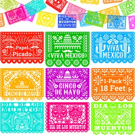 OFF-COMMON 1-Pack 18ft Non-Plastic Papel Picado Tissue Paper with 10 Paper Flags per Fiesta Banner, Banderines Mexicanos de Papel Picado Mexicano para Fiesta Party Decorations