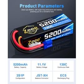 Zeee Premium Pro 3S Lipo Battery 5200mAh 11.1V 130C RC Lipo Hard Case with EC5 Connector for RC Car Truck Boat Helicopter Airplane Racing Models(2 Packs)