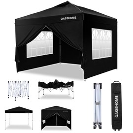OASISHOME One Push Setup Pop-up Gazebo Portable Canopy Tent 10'x10', with 4 Sidewalls,Wheeled Bag,Waterproof, UV Protection, Heavy-Duty Steel Frame for Patio/Outdoor/Wedding Parties and Events (Black)