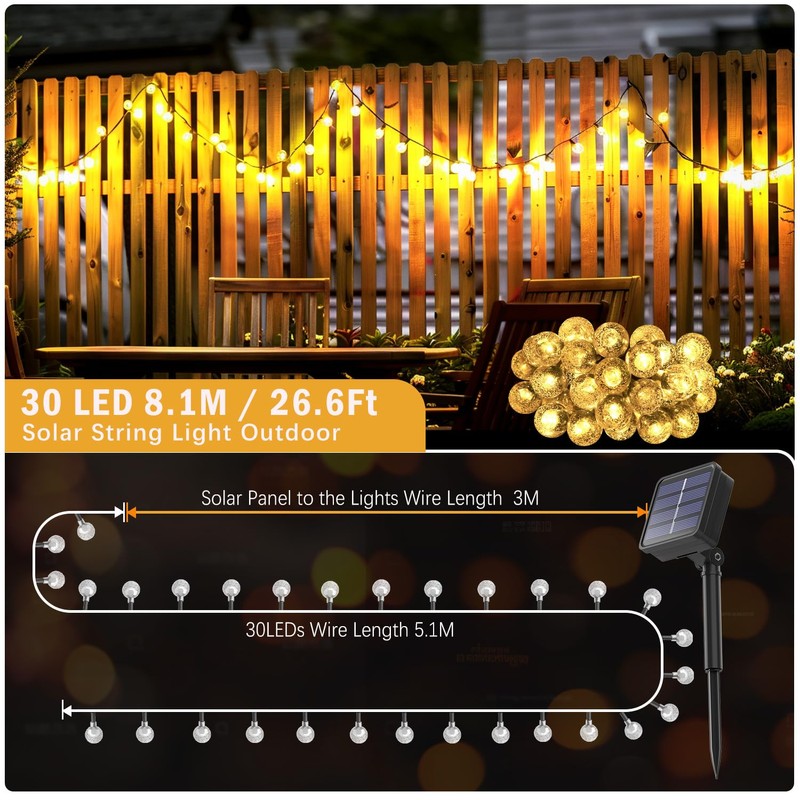 Solar Garden Lights Outdoor, 26.6Ft 30LED Solar String Lights, Solar