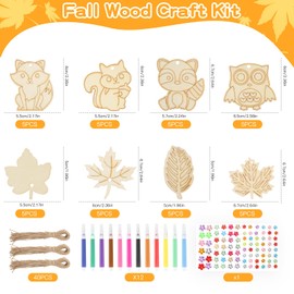 Wooden Craft Autumn, 93 Pieces Craft Set Autumn for Children from 4 5 6 Years, DIY Autumn Decoration Wooden Pendant for Painting, with Owls, Fox, Squirrel, Autumn Leaves, Boys Girls Creative Sets Gift