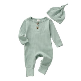 Infant Boys Girls Clothes Set Newborn Baby Romper Hat Ribbed Knit Long Sleeve Button Solid Bodysuit Jumpsuit (Blue, Newborn)
